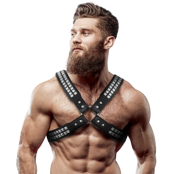 FETISH SUBMISSIVE ATTITUDE - MENS CROSSED CHEST ECO-LEATHER HARNESS WITH RIVETS