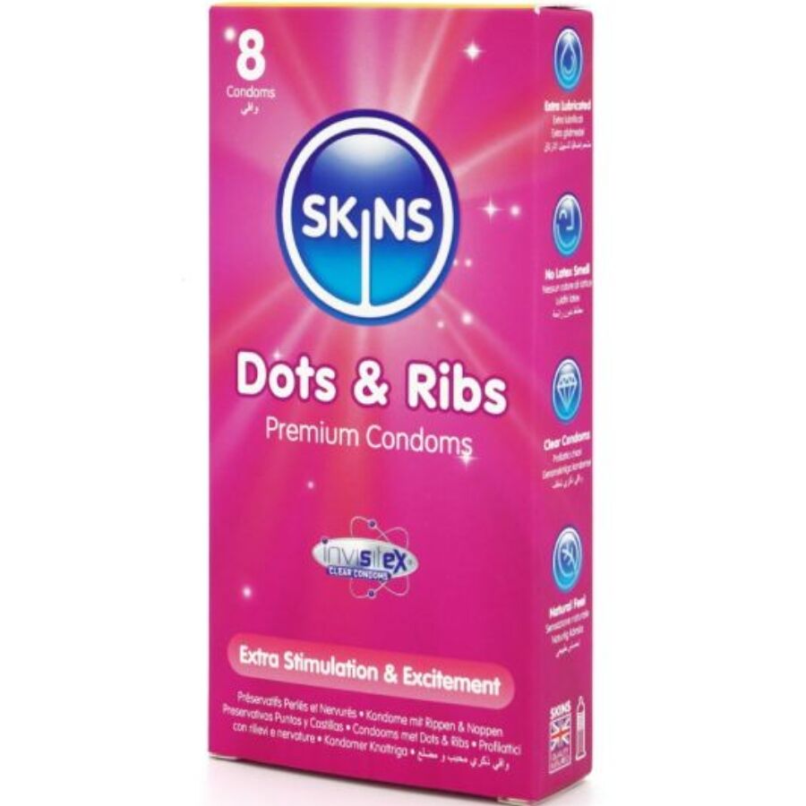 SKINS - Kuviolliset Dots & Ribs -kondomit 8 kpl
