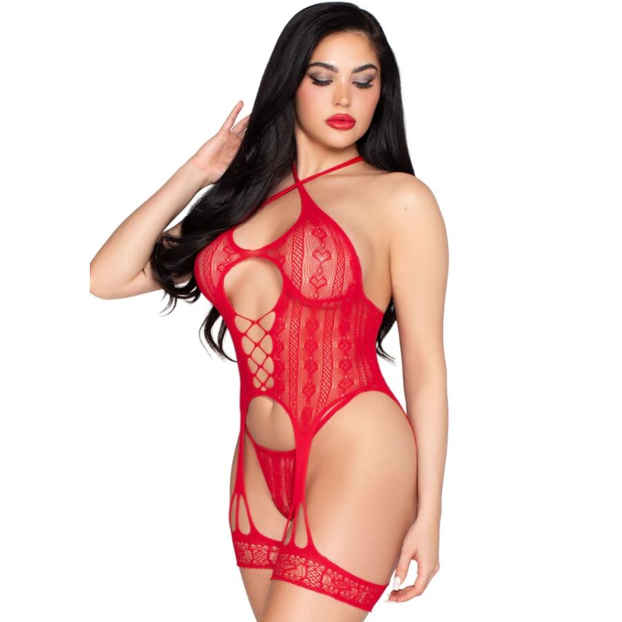 LEG AVENUE - 89338 SPETSÖPPEN BODY MED STRUMPEBANDSHÅLLARE + TANGA RÖD - ONE SIZE