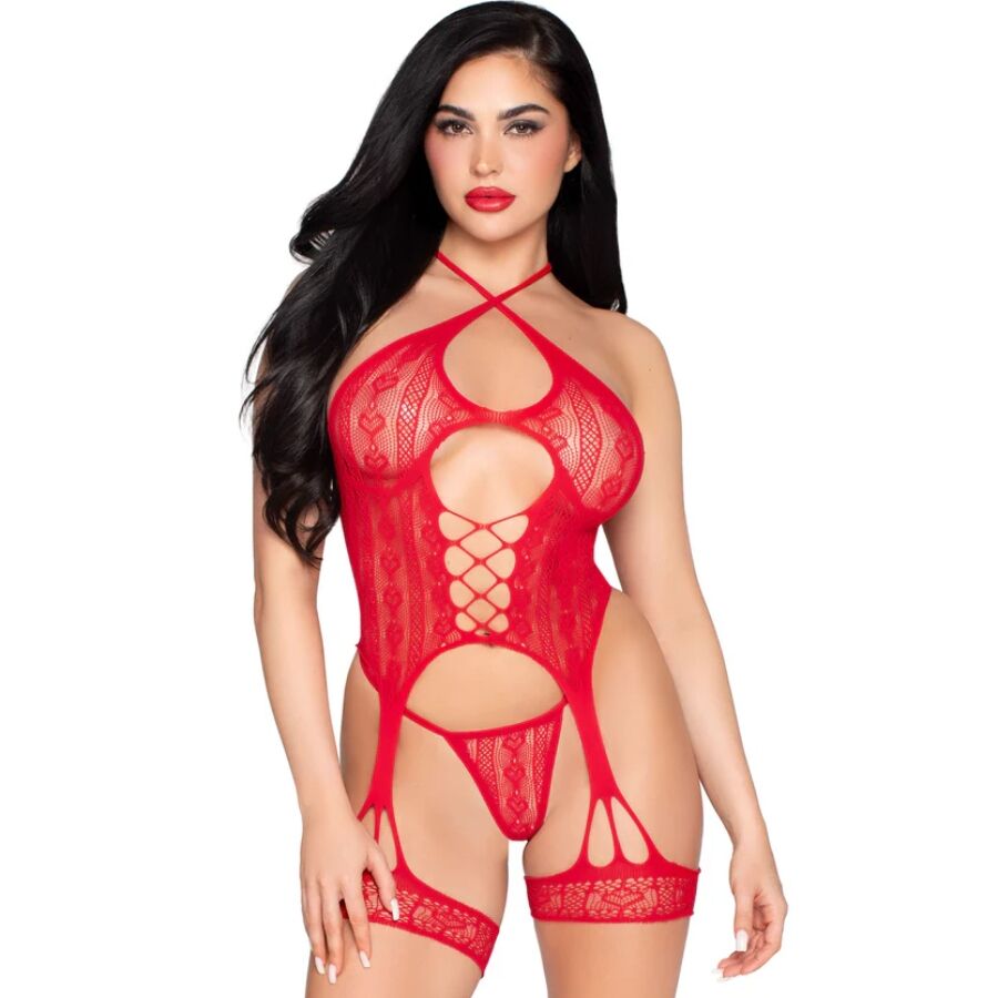 LEG AVENUE - 89338 SPETSÖPPEN BODY MED STRUMPEBANDSHÅLLARE + TANGA RÖD - ONE SIZE