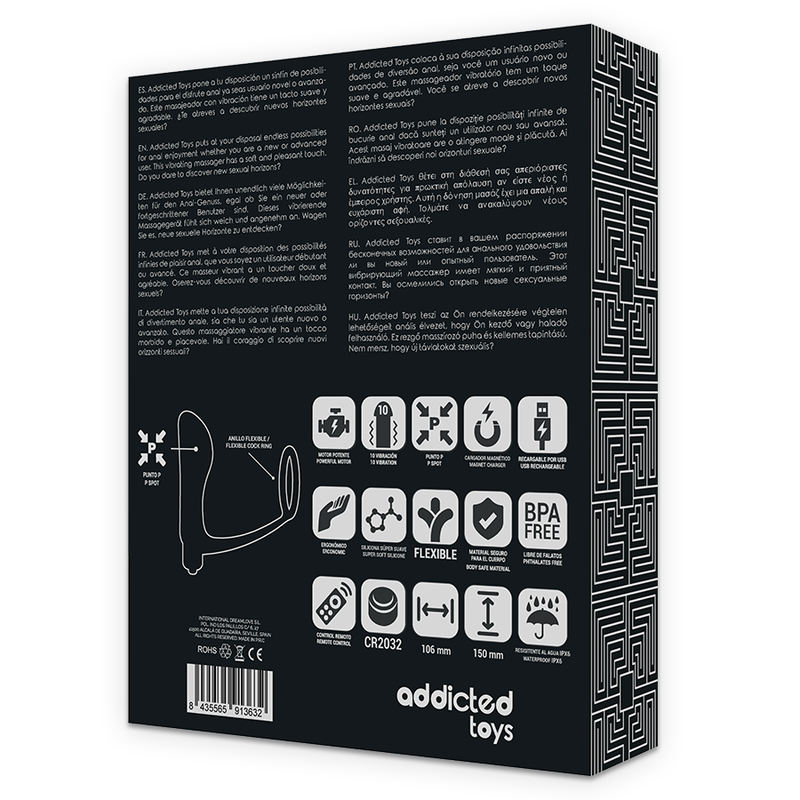 ADDICTED TOYS - Musta uudelleenladattava penisrengas ja kaukosäätimellä ohjattava anaalitappi